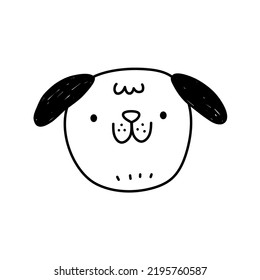 Cute dog face isolated on white background. Happy puppy. Vector hand-drawn illustration in doodle style. Perfect for decorations, cards, logo, various designs. Simple cartoon character. 