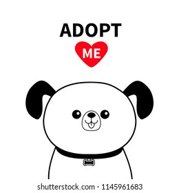 Cute dog face line silhouette. Adopt me. Red heart. Pet adoption. Kawaii animal. Cute cartoon puppy character. Funny baby pooch. Help homeless animal Flat design. White background Vector illustration