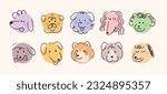 Cute dog face pictogram icon. A collection of simple face stickers drawn with pencil lines on a circle.