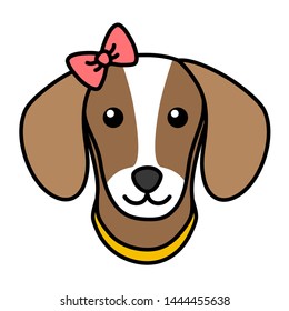 Cute dog face simple black outline head isolated with bow