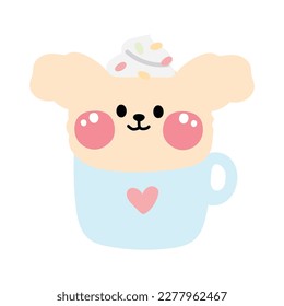 Cute dog face with whip cream in coffee cup.Beverage.Pet animal character cartoon design.Isolated.Baby product.Kawaii.Vector.illustration.