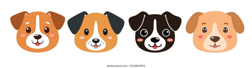 Conjunto de dibujos animados de caras de perro lindo. Caras de perro de dibujos animados coloridos.