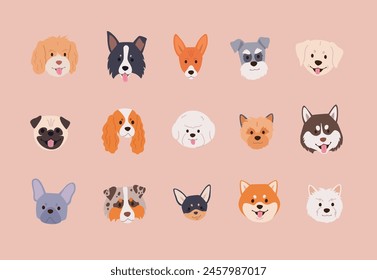 Netter Hund Gesichter Kollektion im Cartoon-Stil. Flache Vektorillustration von Chihuahua, Mops, Shiba inu und anderen Rassen