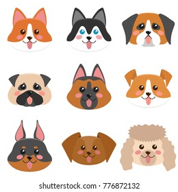 Cute dog faces collection. Corgi, husky, Jack Russel terier, dachshund, pug, german shepherd dog, st. Bernard dog, dobermsn, poodle. Flat style vector illustration
