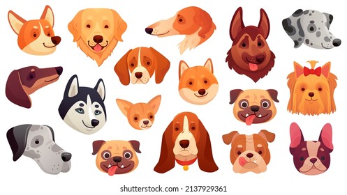 Caras de perro. Diferentes razas como pug, husky, dálmata, chihuahua y corgi. Encantadoras cabezas de cachorro. Caricatura hecha con animales domésticos aislados en blanco. Conjunto de vectores de caracteres amistosos