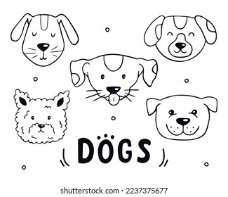 Cute dog faces in doodle style. Vector set