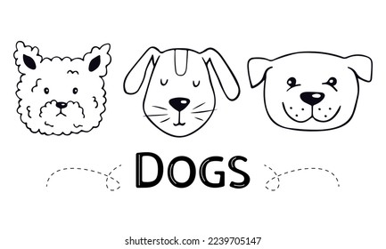 Cute dog faces in doodle style. Vector illustration