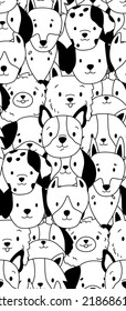 Cute dog faces. Doodle vector seamless pattern. Cartoon puppy. Black and white illustration.