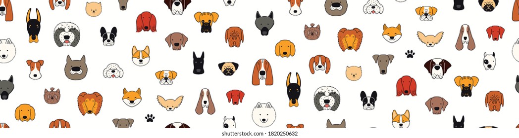 Cute dog faces doodles seamless pattern, different breeds, colorful on white background. Hand drawn vector illustration. Line art. Design concept for trendy fashion print, wallpaper, wrapping paper.