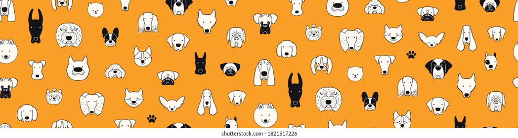 Cute dog faces doodles seamless pattern, different breeds, black and white on orange. Hand drawn vector illustration. Line art. Design concept for trendy fashion print, wallpaper, wrapping paper.