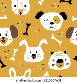 Cute dog faces on yellow background in Scandinavian style. Seamless kids pattern with pets. The print is ideal for a changing room, nursery room, wallpaper, wrapping paper, or fabric.