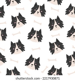 Cute dog faces seamless pattern. Background in cartoon style with funny Collie character. Vector illustration