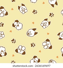 Cute dog faces seamless pattern. Different dogs breed vector print