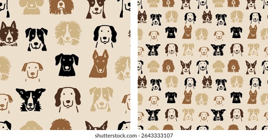 Cachorro bonito enfrenta padrão sem costura desenhado à mão ilustração vetorial de filhotes brincalhões e raças de animais de estimação no fundo neutro