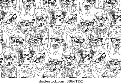 Cute dog fashion hipster black seamless pattern. Black and white vector illustration. EPS8