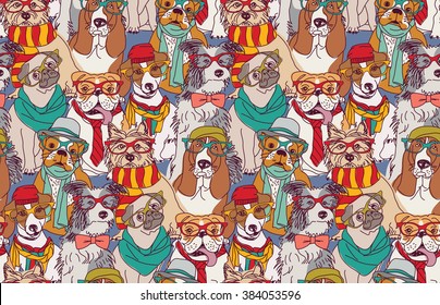 Cute dog fashion hipster seamless pattern.  Color vector illustration. EPS8