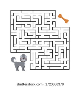 Cute Dog Find Tasty Bone Vector Labyrinth Isolated On White. Cartoon Maze Game For Kids Education. Help Dog To Find Right Path To A Food In Labyrinth. Vector Quiz Illustration In Flat Design.