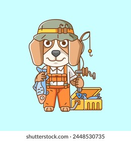 Lindo perro pescador animal de pesca chibi personaje mascota icono línea plana estilo de arte ilustración concepto conjunto de dibujos animados