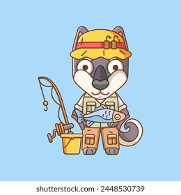 Lindo perro pescador animal de pesca chibi personaje mascota icono línea plana estilo de arte ilustración concepto conjunto de dibujos animados