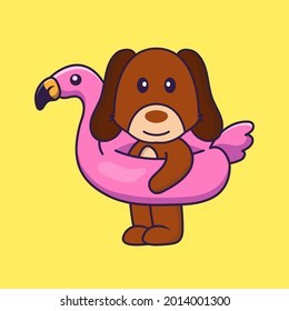 Cute dog With flamingo buoy.