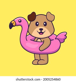 Cute dog With flamingo buoy. Animal cartoon concept isolated. Can used for t-shirt, greeting card, invitation card or mascot.