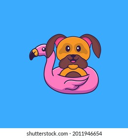 Cute dog With flamingo buoy. Animal cartoon concept isolated. Can used for t-shirt, greeting card, invitation card or mascot.