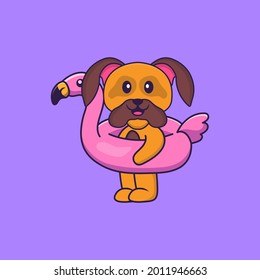 Cute dog With flamingo buoy. Animal cartoon concept isolated. Can used for t-shirt, greeting card, invitation card or mascot.
