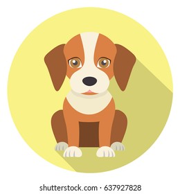 cute dog flat design icon isolated on yellow circle background with shadow