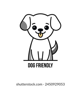 Cute Dog in flat style with Dog friendly text on white background. Design element for cafe and shop.