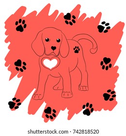 Cute dog in a flat style on the background of the tracks.Vector illustration.