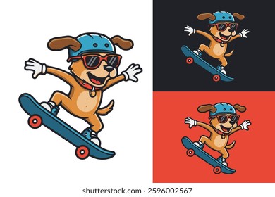 cute dog flat vector illustration playing skateboard, perfect for logo