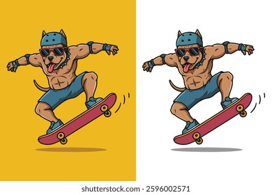 cute dog flat vector illustration playing skateboard, perfect for logo