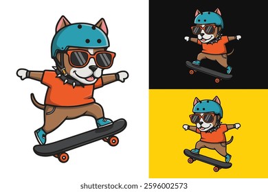 cute dog flat vector illustration playing skateboard, perfect for logo
