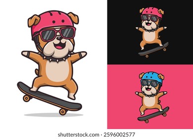 cute dog flat vector illustration playing skateboard, perfect for logo