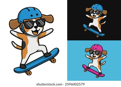cute dog flat vector illustration playing skateboard, perfect for logo