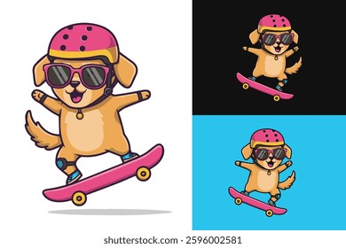 cute dog flat vector illustration playing skateboard, perfect for logo