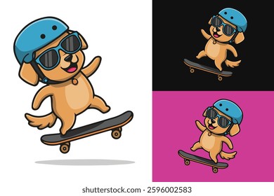 cute dog flat vector illustration playing skateboard, perfect for logo
