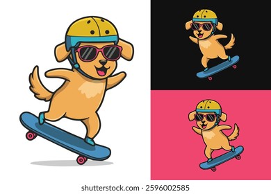cute dog flat vector illustration playing skateboard, perfect for logo