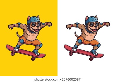 cute dog flat vector illustration playing skateboard, perfect for logo