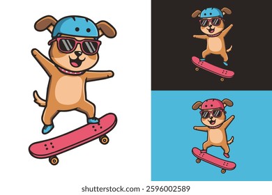 cute dog flat vector illustration playing skateboard, perfect for logo