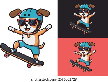 cute dog flat vector illustration playing skateboard, perfect for logo