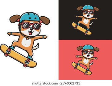 cute dog flat vector illustration playing skateboard, perfect for logo