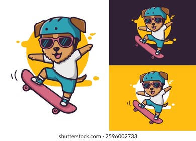 cute dog flat vector illustration playing skateboard, perfect for logo