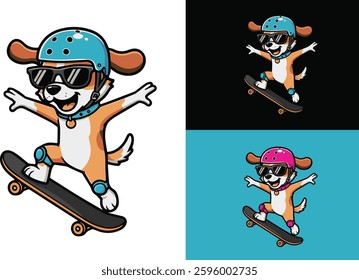 cute dog flat vector illustration playing skateboard, perfect for logo