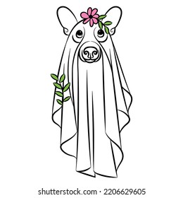 Cute dog floral ghost vector illustration  Boo ghosts Halloween hand drawn designs for October autumn holidays 