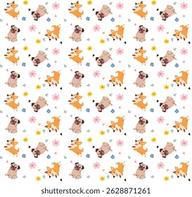 Cute Dog and Floral Seamless Pattern in Vector