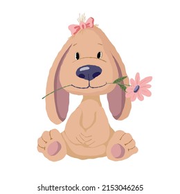 cute dog with flower, animal illustration, vector clipart