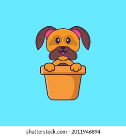 Cute dog in a flower vase. Animal cartoon concept isolated. Can used for t-shirt, greeting card, invitation card or mascot. Flat Cartoon Style