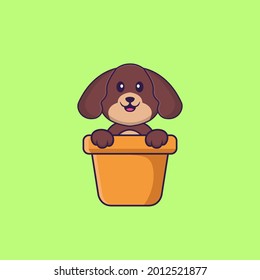 Cute dog in a flower vase. Animal cartoon concept isolated. Can used for t-shirt, greeting card, invitation card or mascot. Flat Cartoon Style