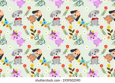 Perro lindo con flores sin costura. Este patrón se puede usar para el papel de envolvimiento textil de tela, papel pintado.